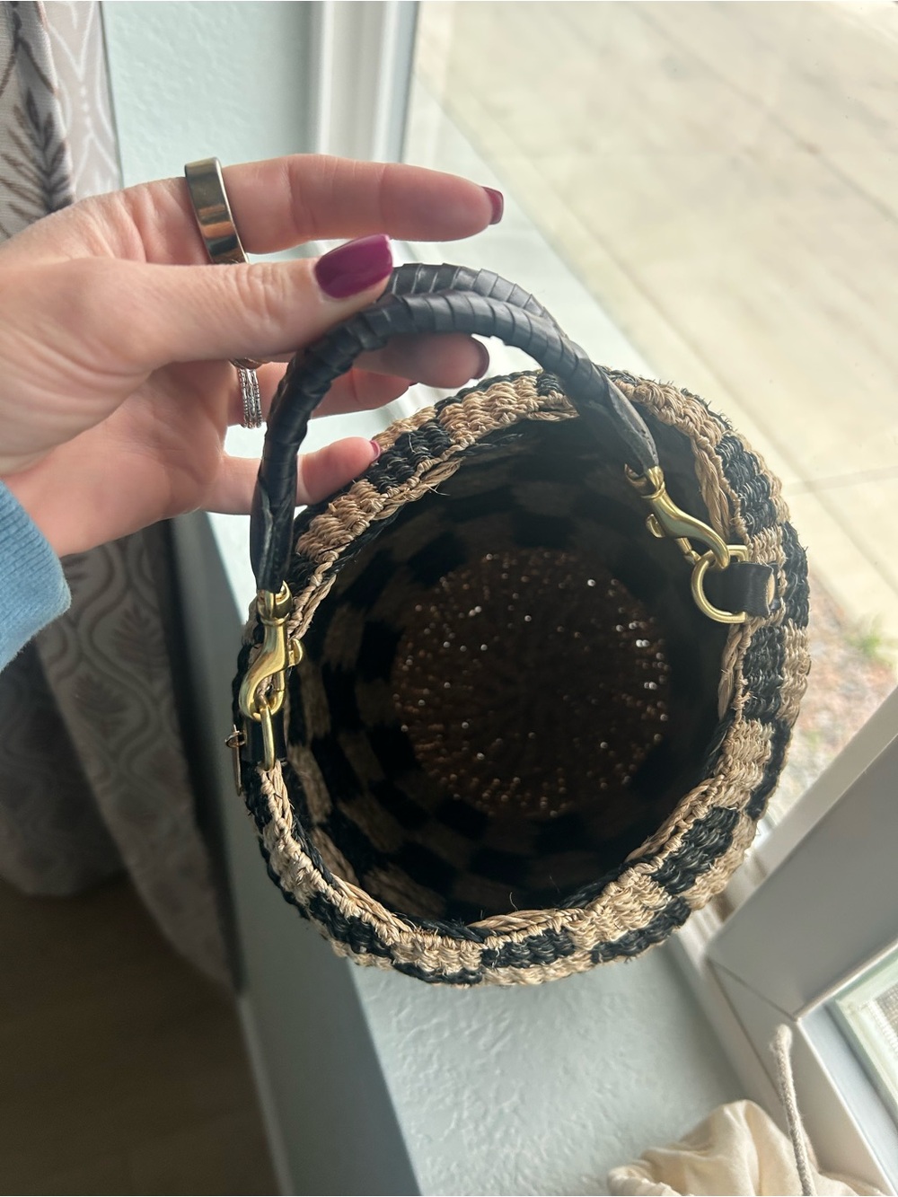 Clare V Pot de Miel Woven Checkered Straw Mini Handbag - Black & Natural - Picture 5 of 5
